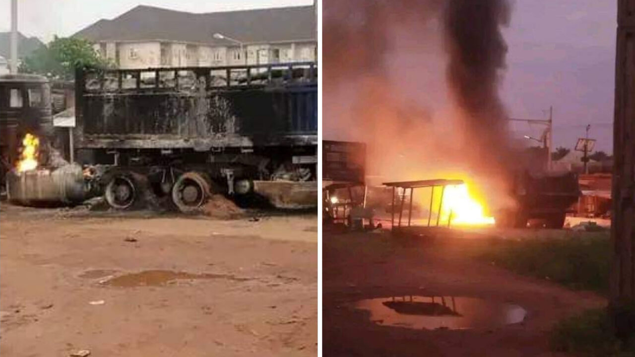 Sit-At-Home: Dangote Cement Truck Gutted With Fire By Suspected Unknown Gunmen In Nsukka