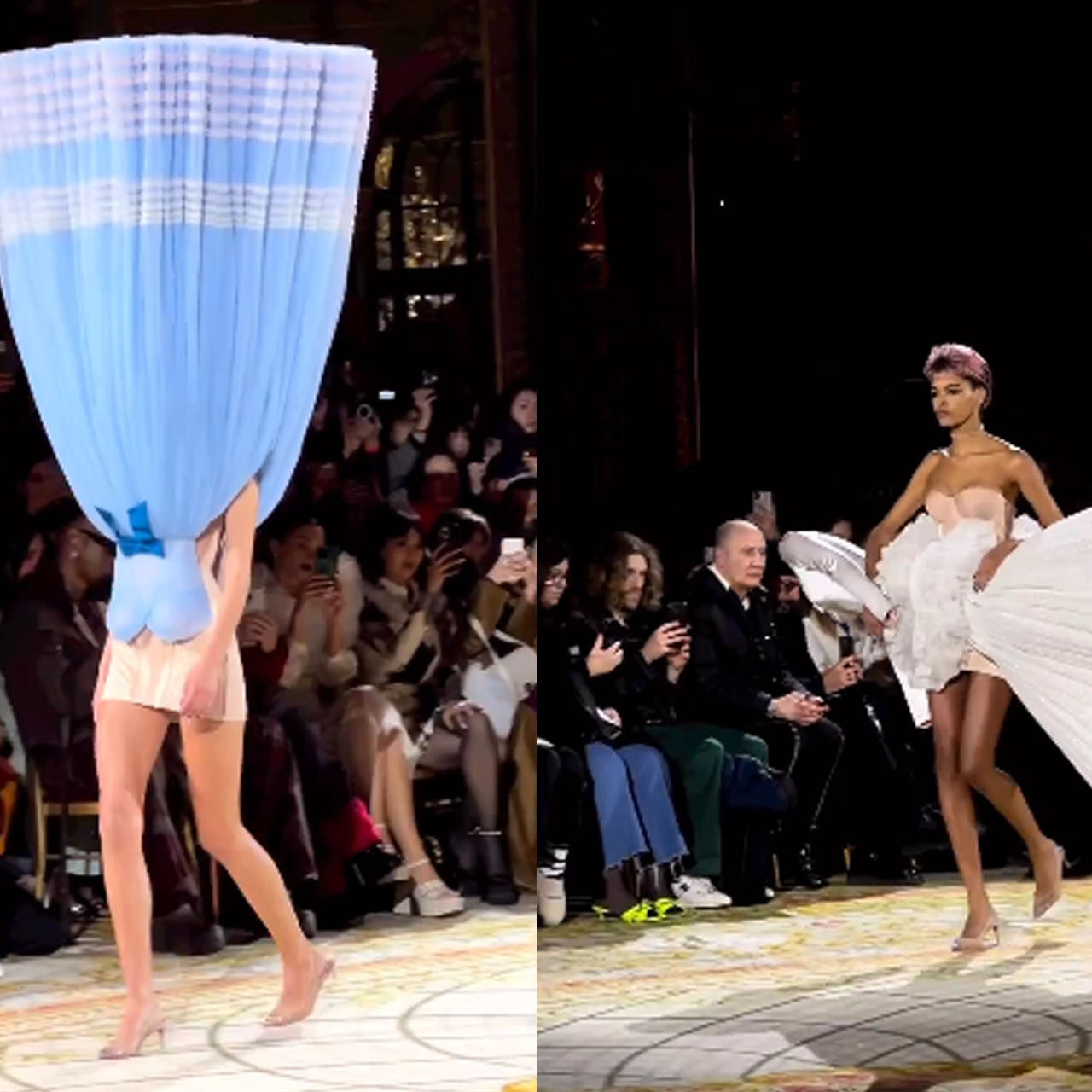 Watch a video of models wearing upside-down, sideways gowns at a fashion show