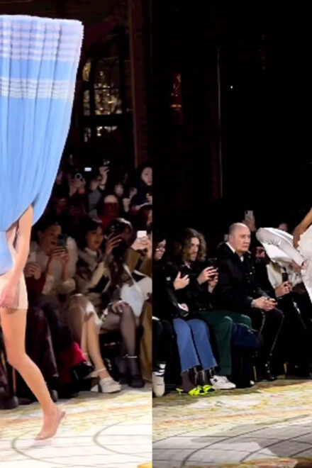 Watch a video of models wearing upside-down, sideways gowns at a fashion show