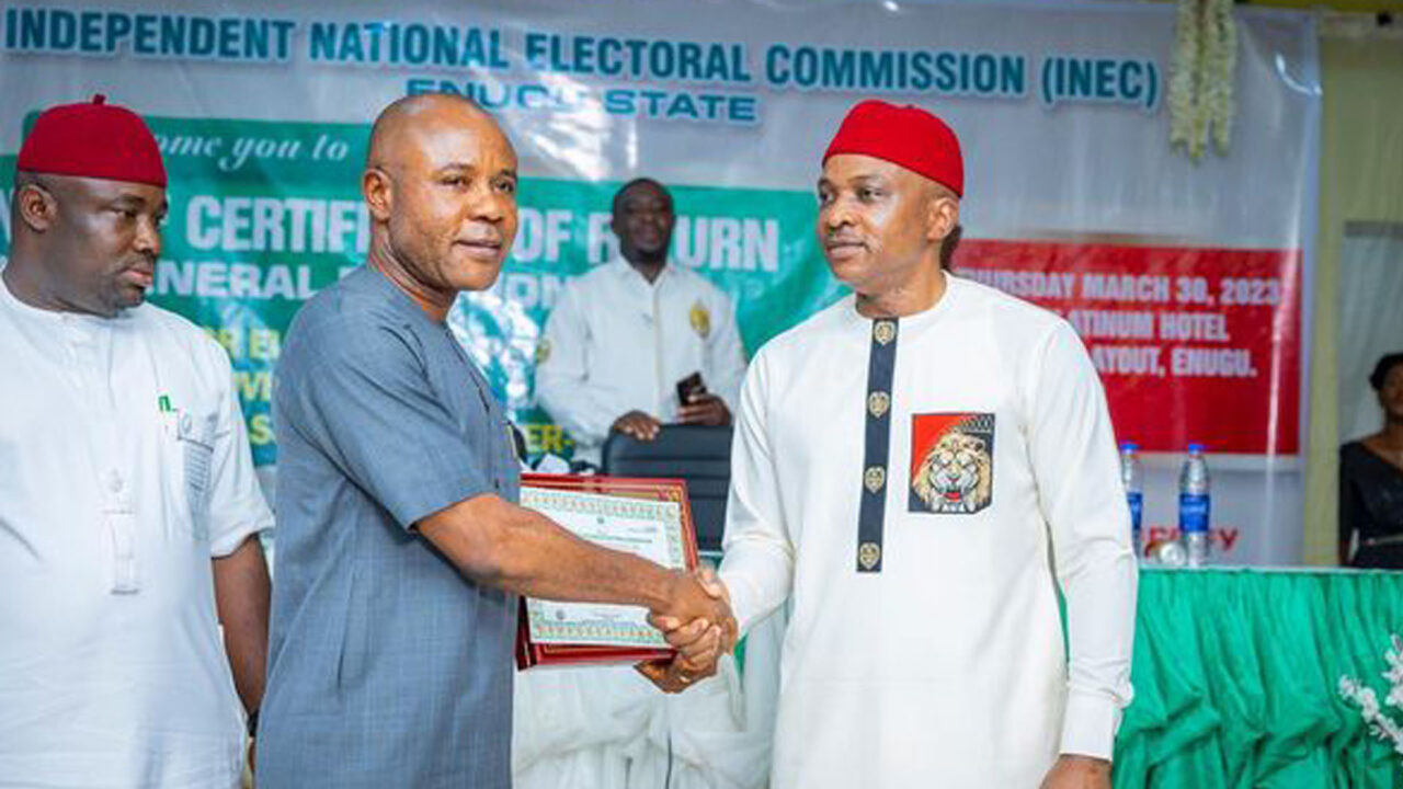 INEC Issues Certificate Of Return To Enugu Governor-Elect, House Of Assembly Member-Elects.