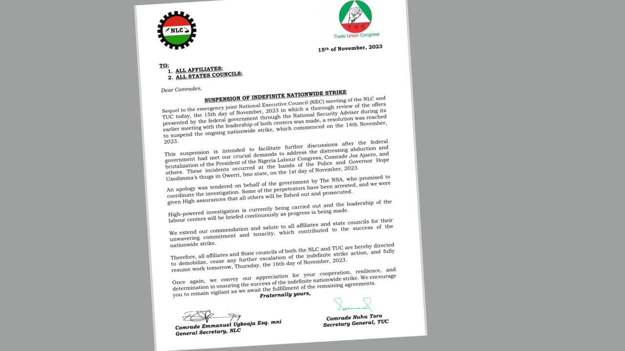 Nigerian Organized Labour Suspends Nationwide Strike