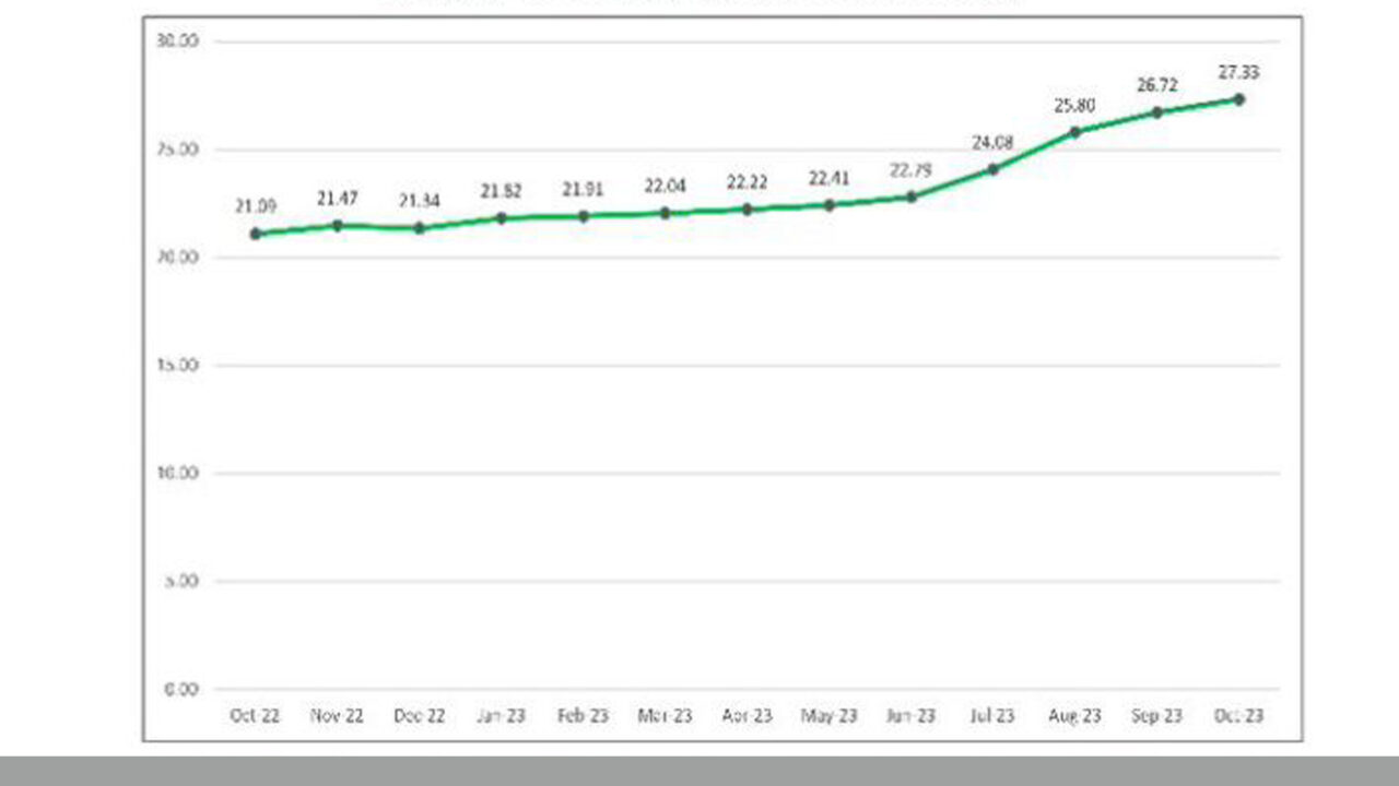Inflation rate jumps to 27.33%, food inflation falls to 1.91%