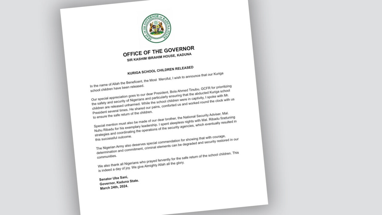 Kaduna State Government Announces Rescue of Kuriga Schoolchildren
